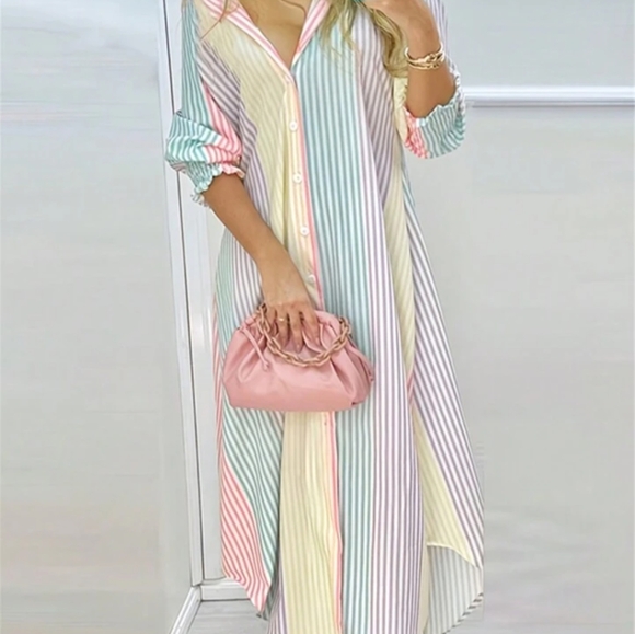 Single-Breasted Striped Shirt Maxi Dress - Picture 3 of 7